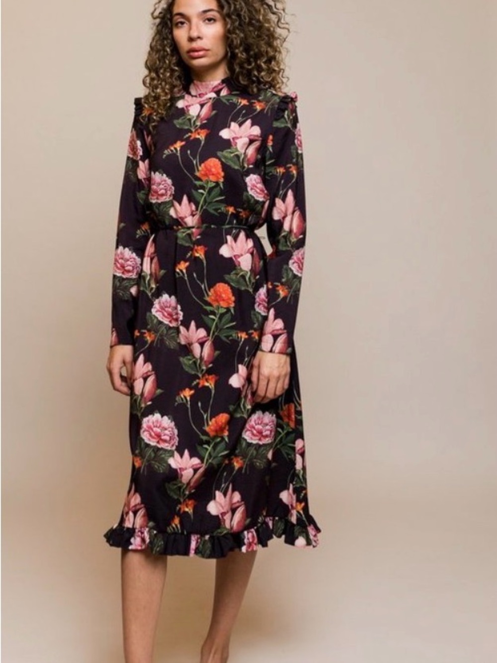 Black Long-Sleeve Floral Midi Dress with Pink & Orange Blooms